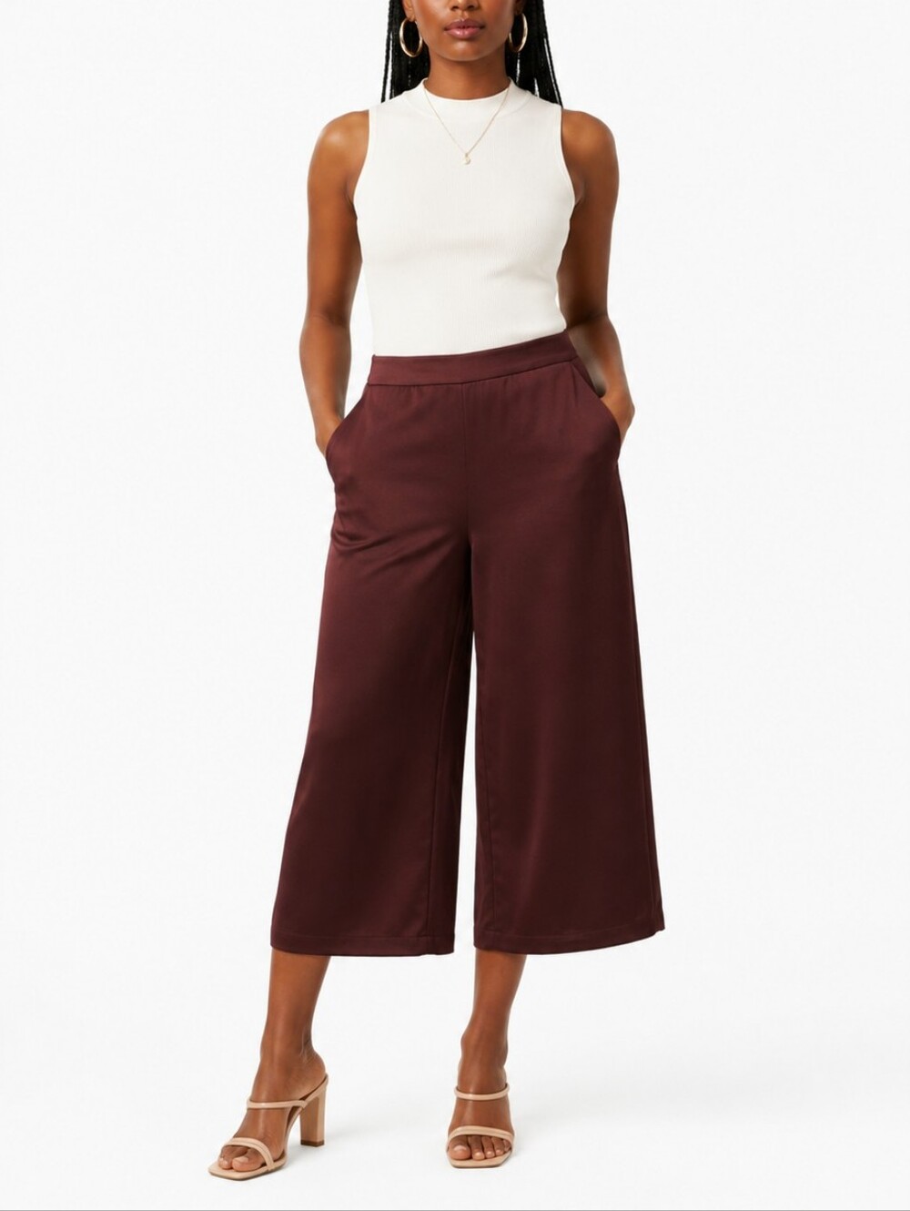 Sans Souci Oxblood Satin Cropped Wide-Leg Palazzo Pants